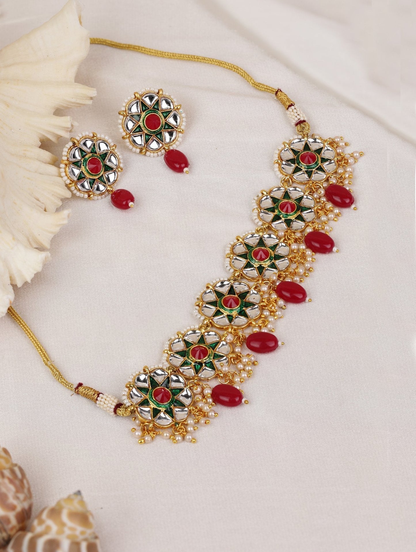 Women's Green Kundan Ruby Gold Plated Beaded Choker