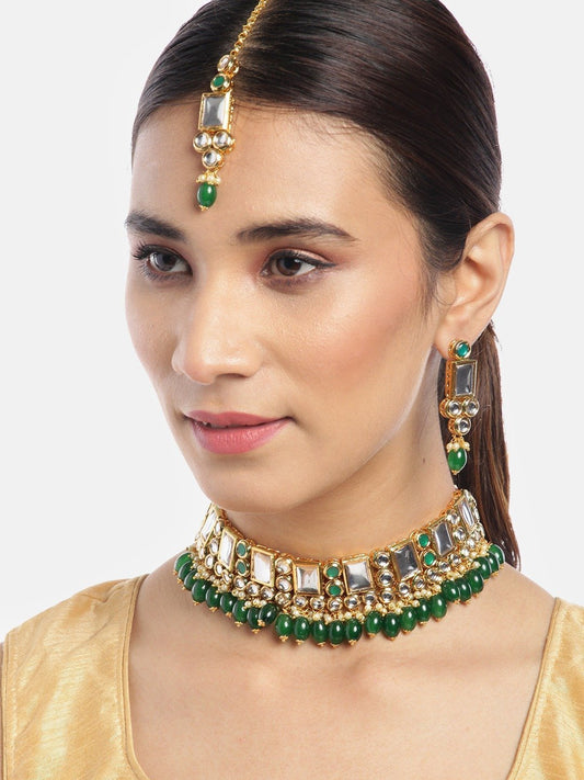 Women's Kundan Emerald StonesGold Plated Jewellery Set