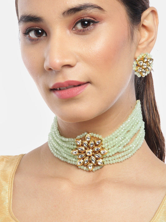 Women's Mint Green Kundan Beaded Gold Plated Choker