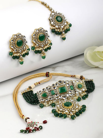 Women's Green Stones Emerald Beads Kundan Gold Plated Traditional Maang Tika Choker