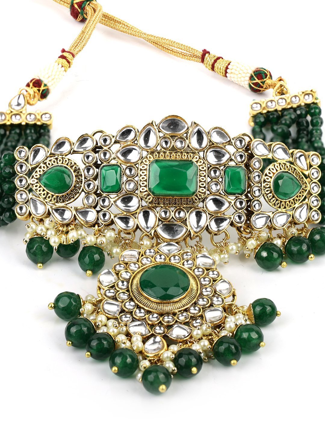 Women's Green Stones Emerald Beads Kundan Gold Plated Traditional Maang Tika Choker