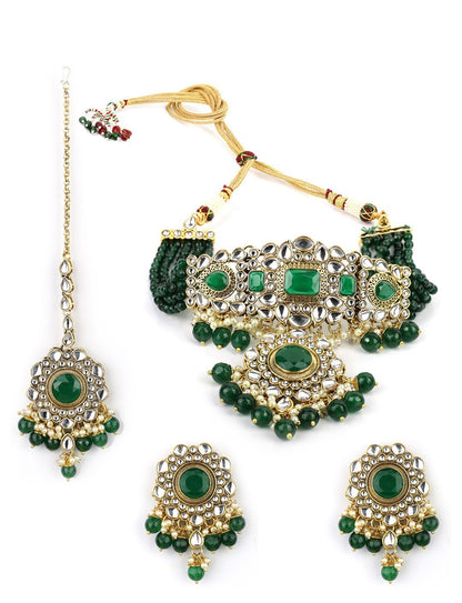 Women's Green Stones Emerald Beads Kundan Gold Plated Traditional Maang Tika Choker