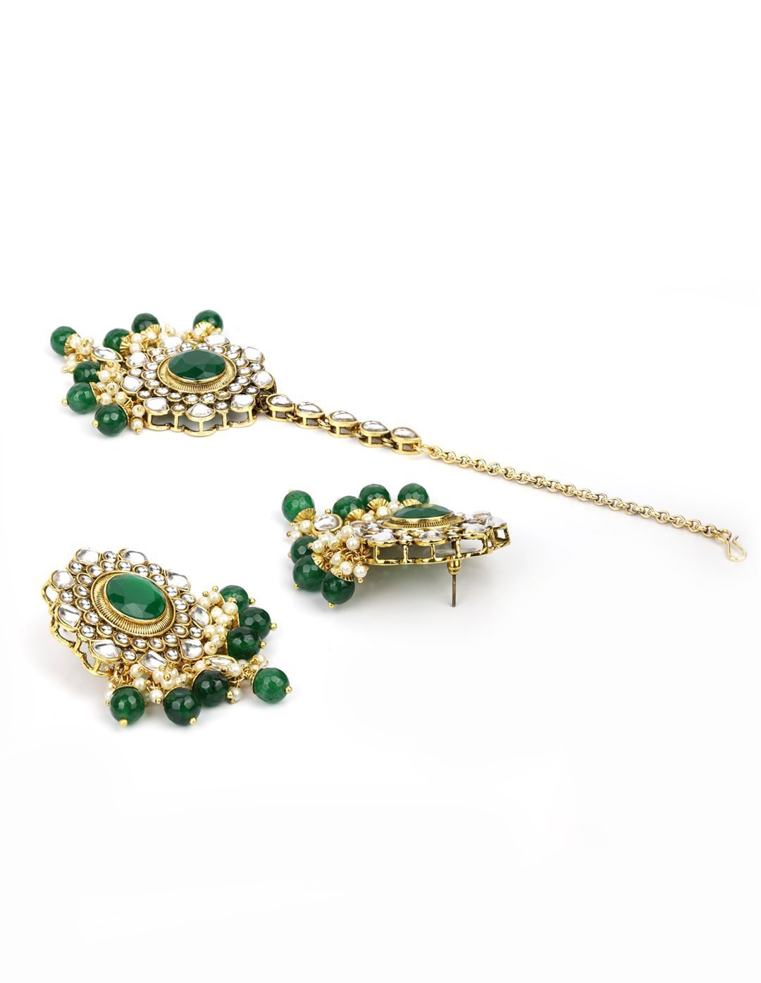 Women's Green Stones Emerald Beads Kundan Gold Plated Traditional Maang Tika Choker