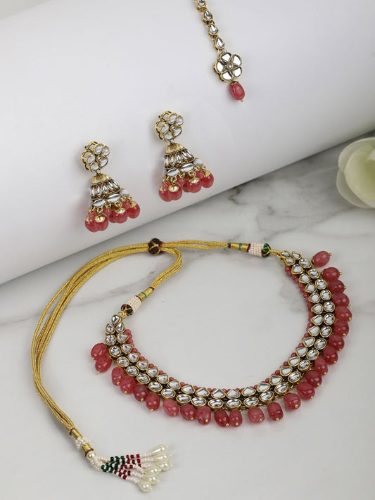 Women's Pink Beads Ruby Kundan Gold Plated Traditional MaangTika Jewellery Set