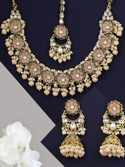 Women's Peach Beads Pearls Kundan Gold Plated Floral Traditional MaangTika Jewellery Set