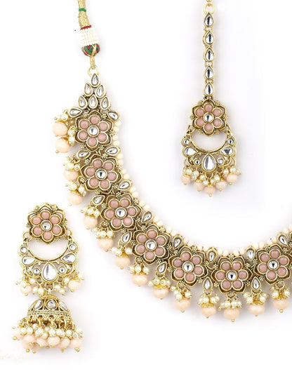 Women's Peach Beads Pearls Kundan Gold Plated Floral Traditional MaangTika Jewellery Set