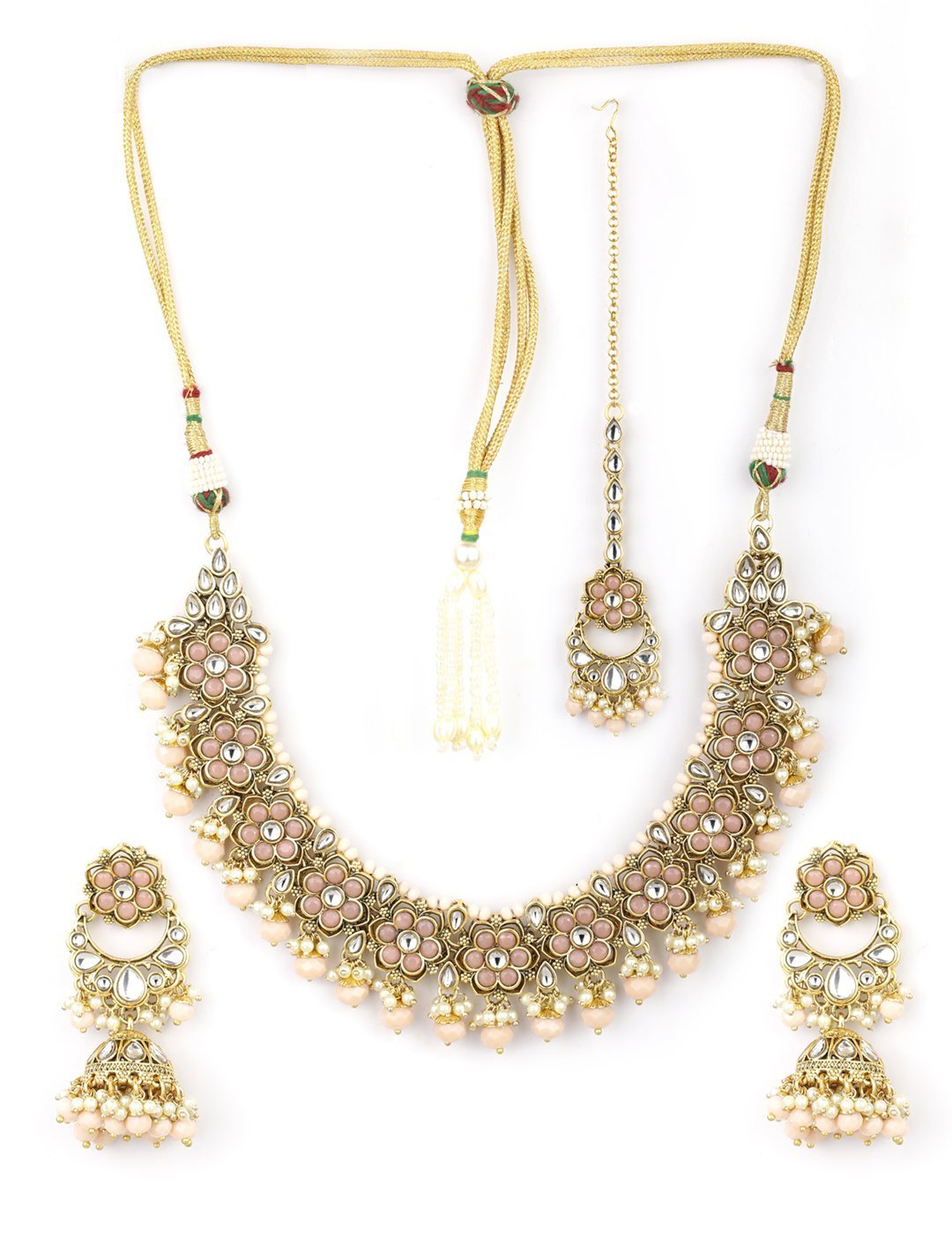 Women's Peach Beads Pearls Kundan Gold Plated Floral Traditional MaangTika Jewellery Set