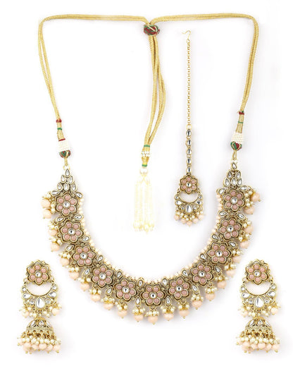 Women's Peach Beads Pearls Kundan Gold Plated Floral Traditional MaangTika Jewellery Set