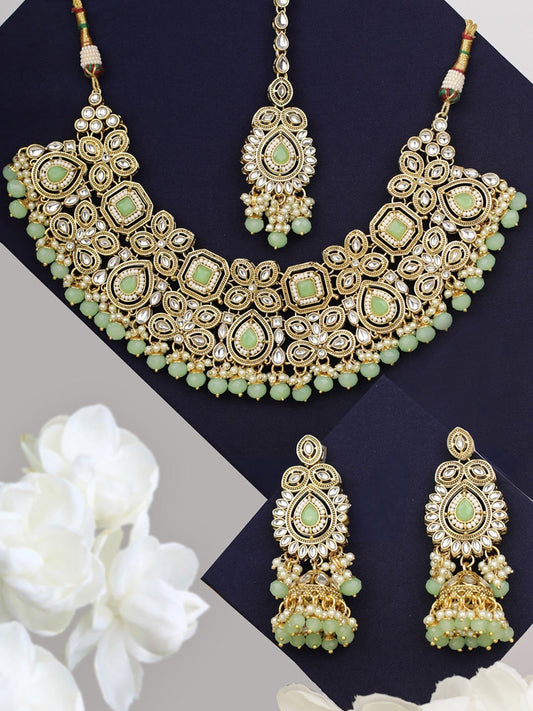 Women's Mint Green Pearls Stones Beads Kundan Gold Plated Traditional MaangTika Jewellery Set