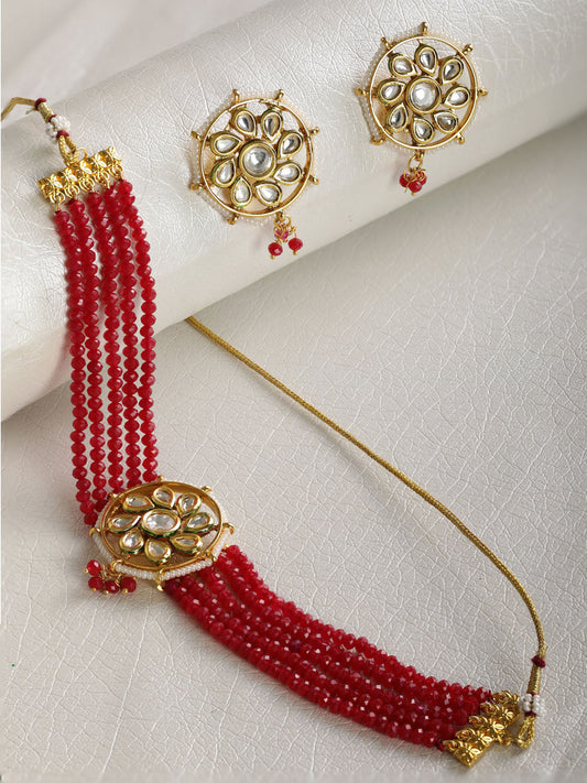 Women's  Red Beads Kundan Gold Plated Traditional Choker