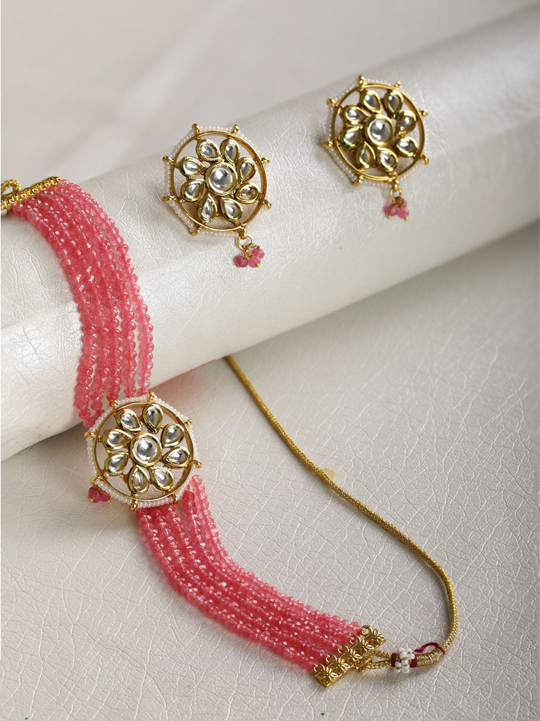 Women's  Pink Beads Kundan Gold Plated Traditional Choker