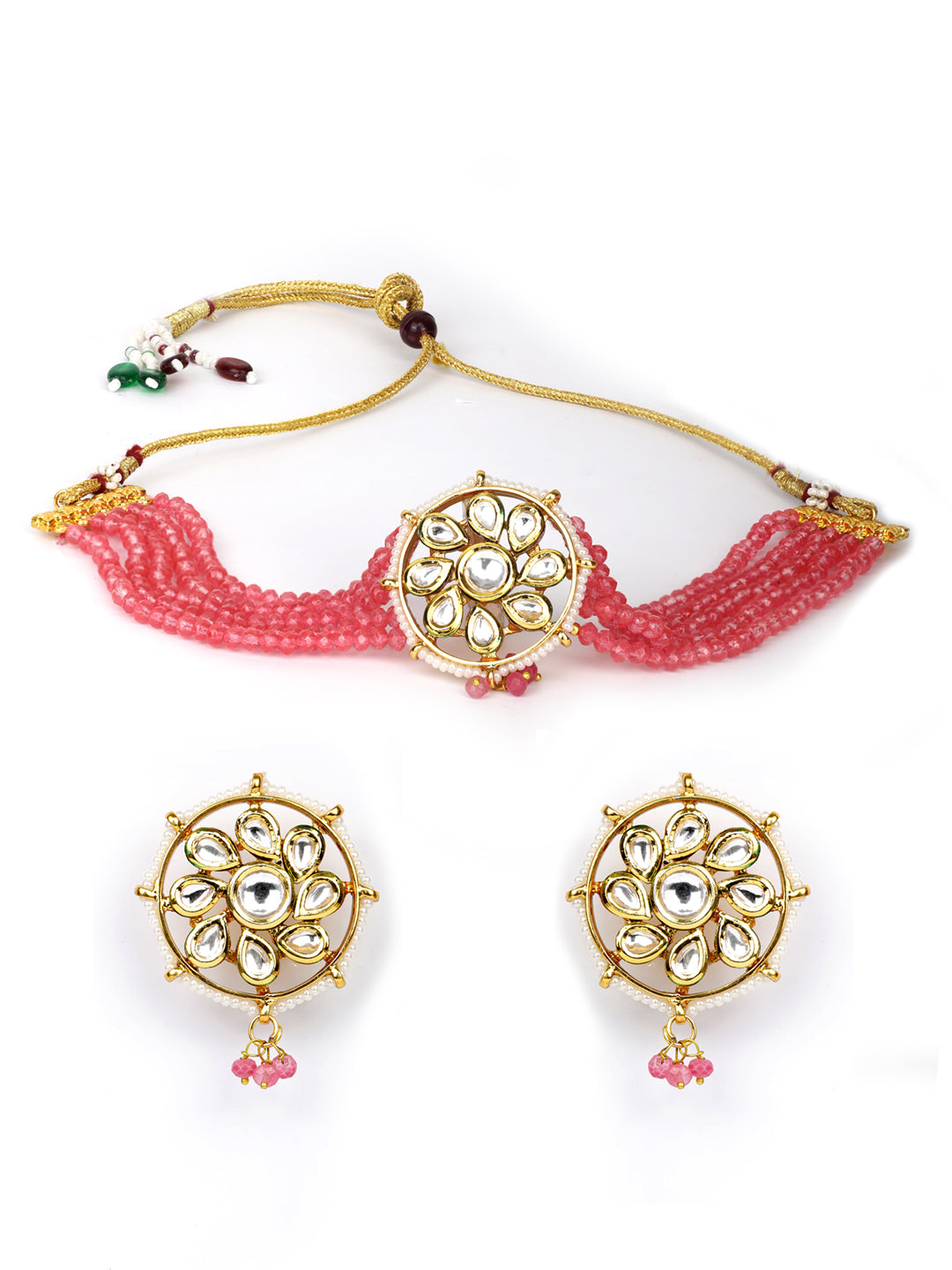 Women's  Pink Beads Kundan Gold Plated Traditional Choker