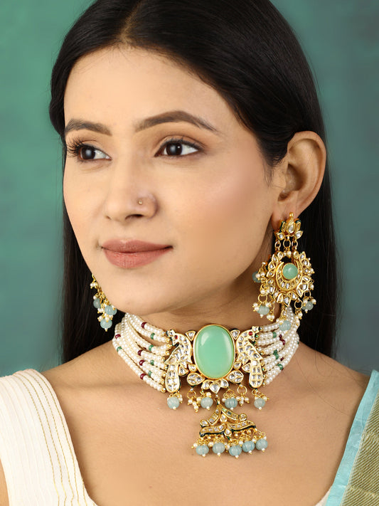 Women's  Turquoise Blue Stones White Beads Kundan Gold Plated Traditional Choker