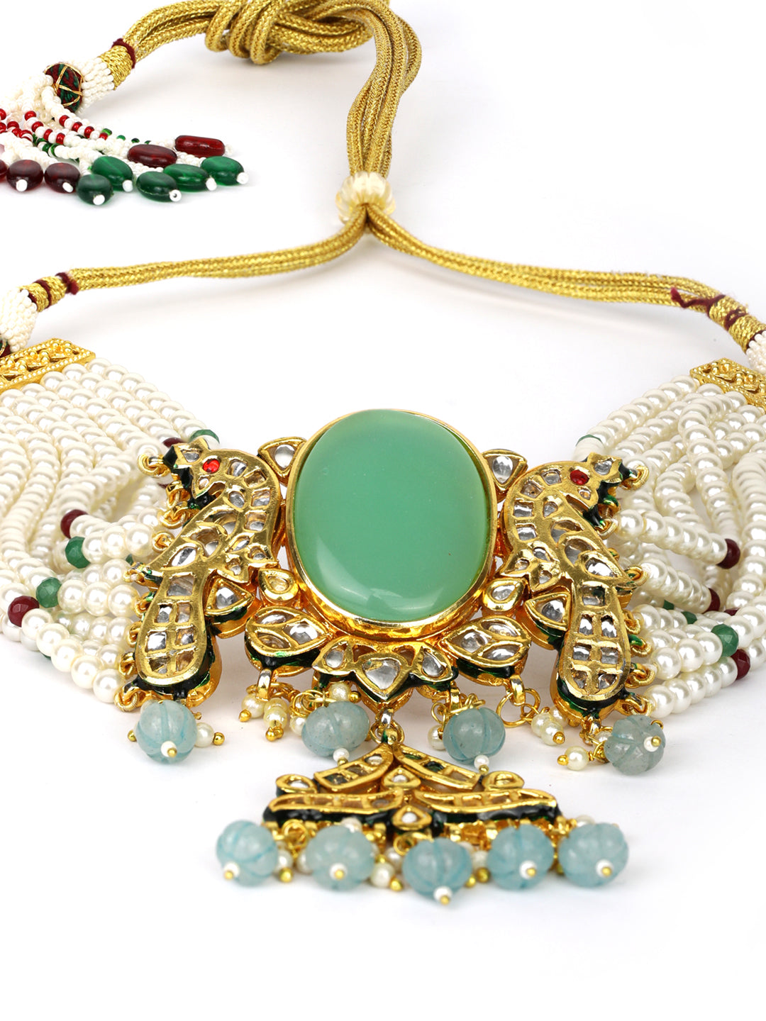 Women's  Turquoise Blue Stones White Beads Kundan Gold Plated Traditional Choker