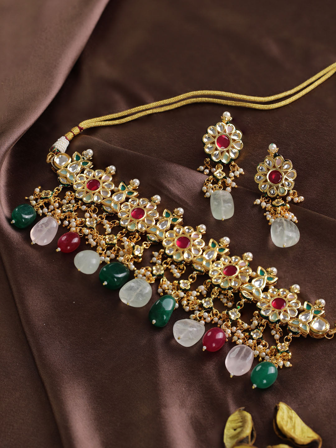 Women's  Kundan Ruby Emerald Beads Gold Plated Traditional Choker