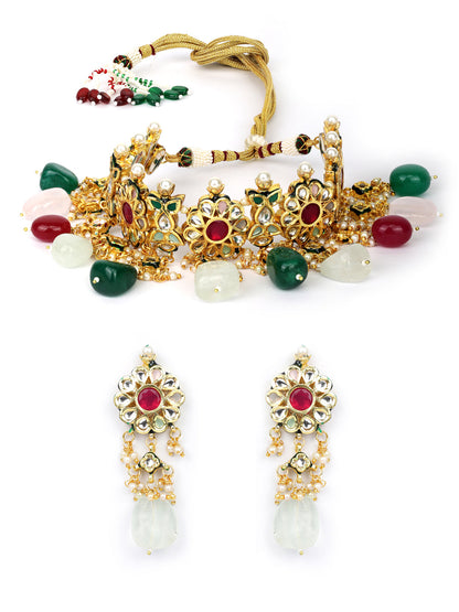 Women's  Kundan Ruby Emerald Beads Gold Plated Traditional Choker