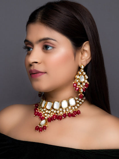 Women's Gold Plated & Maroon Kundan Studded Handcrafted Jewellery Set