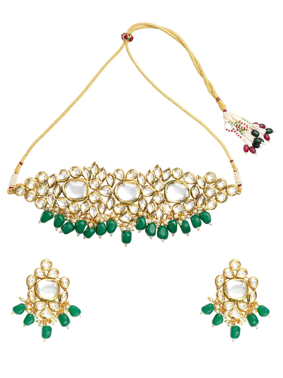 Women's Green & White Gold-Plated Handcrafted Jewellery Set