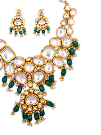 Women's Gold-Plated & Green Kundan Studded Pearls Handcrafted Jewellery Set