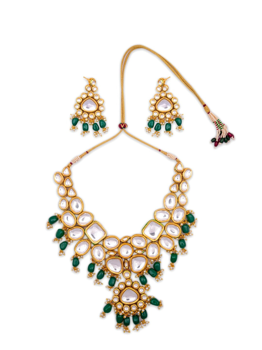 Women's Gold-Plated & Green Kundan Studded Pearls Handcrafted Jewellery Set