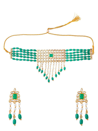 Women's Gold-Plated Green & White Stone-Studded & Beaded Jewellery Set