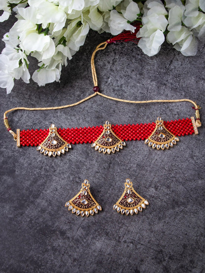 Women's Gold-Plated Red & White Stone-Studded & Pearl Beaded Jewellery Set