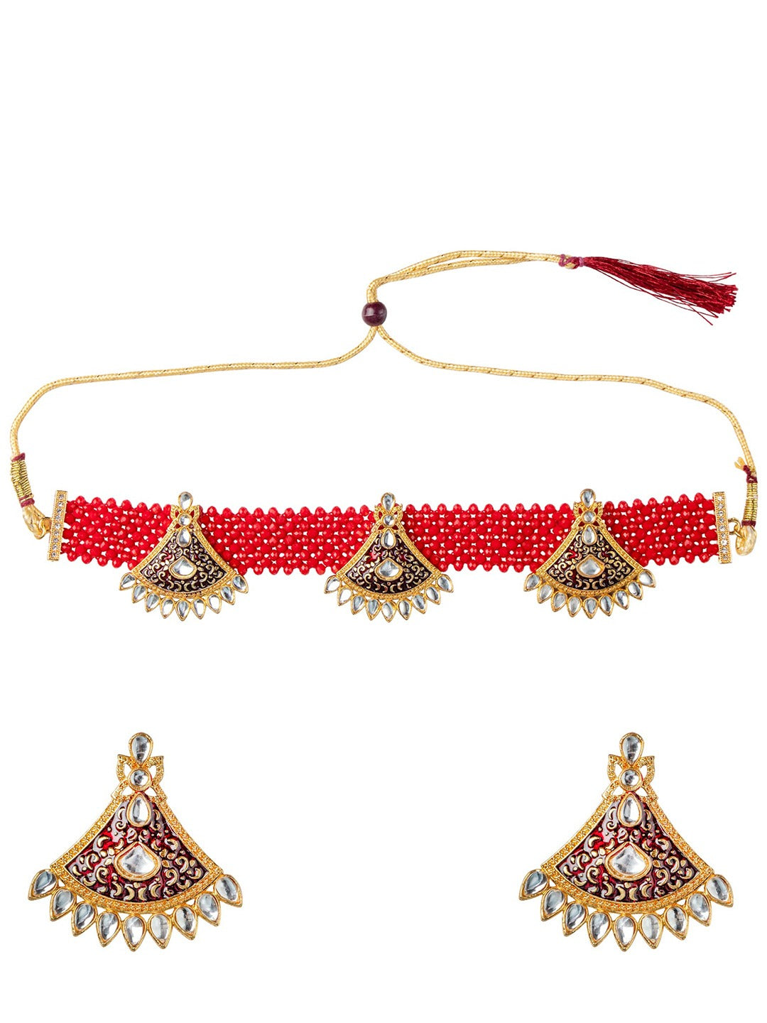 Women's Gold-Plated Red & White Stone-Studded & Pearl Beaded Jewellery Set