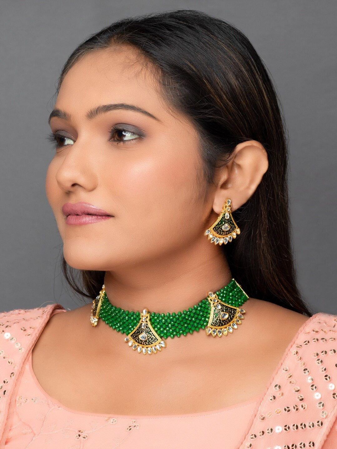 Women's Gold-Plated Green & White Stone-Studded & Pearl Beaded Jewellery Set