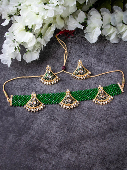 Women's Gold-Plated Green & White Stone-Studded & Pearl Beaded Jewellery Set