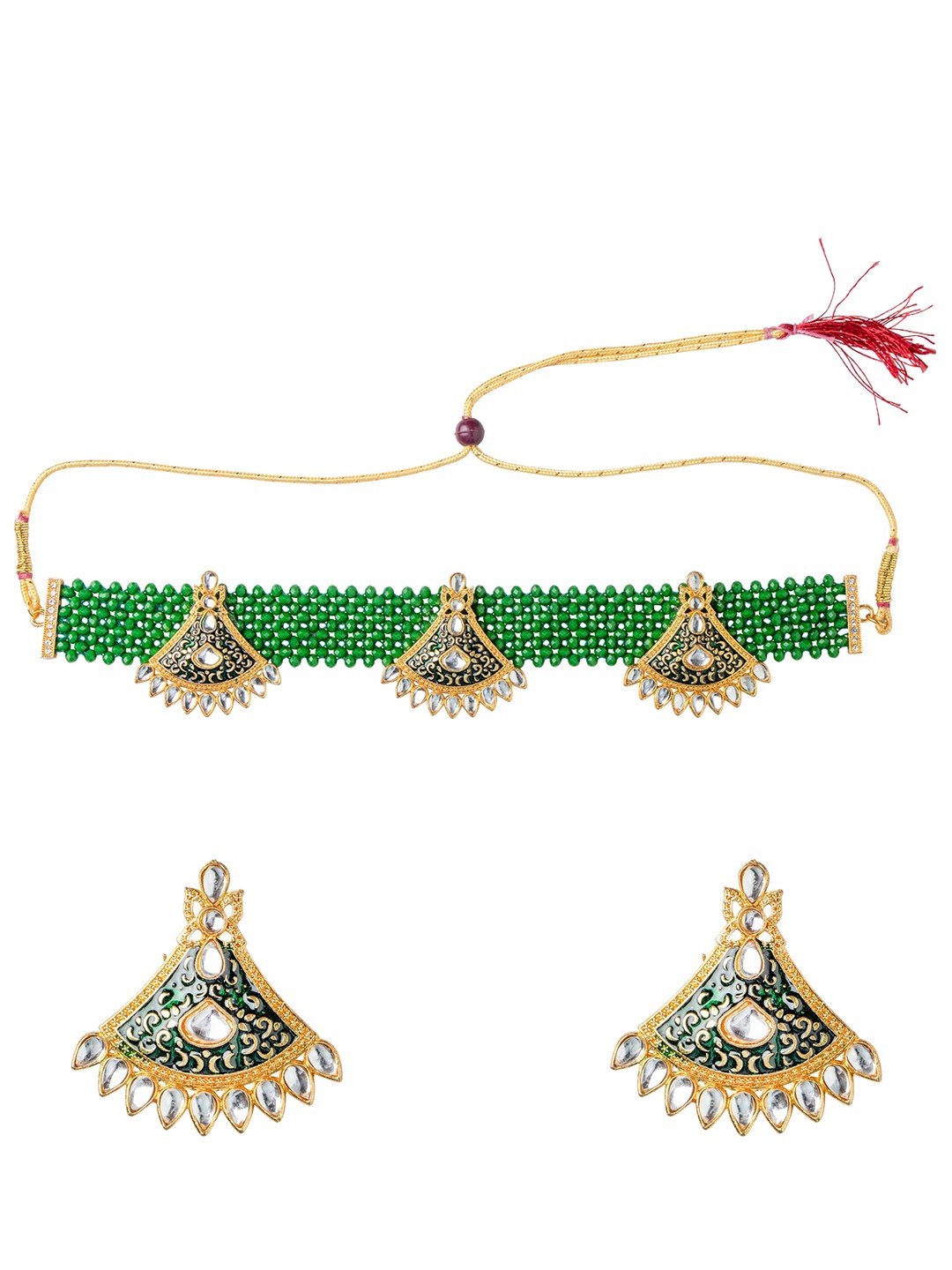 Women's Gold-Plated Green & White Stone-Studded & Pearl Beaded Jewellery Set