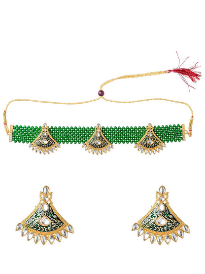 Women's Gold-Plated Green & White Stone-Studded & Pearl Beaded Jewellery Set