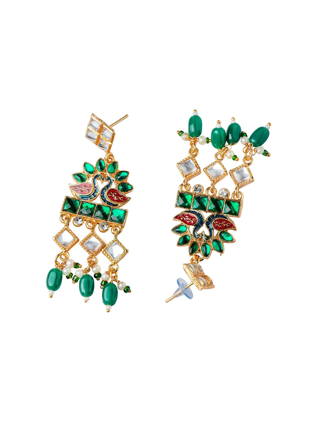 Women's Gold-Plated Green & Red Stone Studded & Beaded Jewellery Set