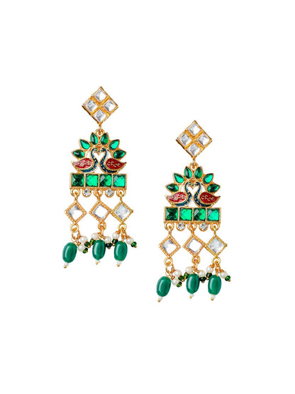 Women's Gold-Plated Green & Red Stone Studded & Beaded Jewellery Set