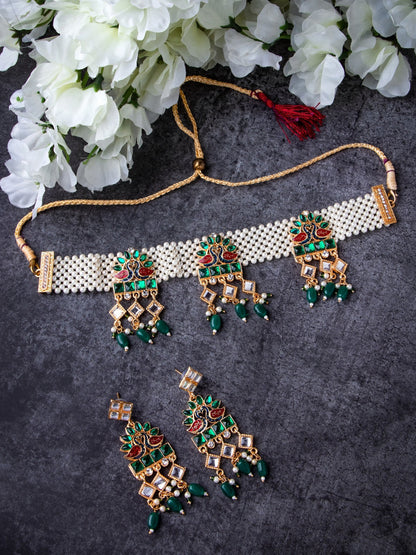 Women's Gold-Plated Green & Red Stone Studded & Beaded Jewellery Set