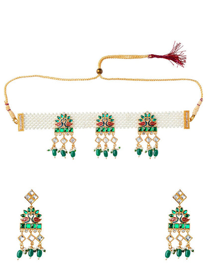 Women's Gold-Plated Green & Red Stone Studded & Beaded Jewellery Set