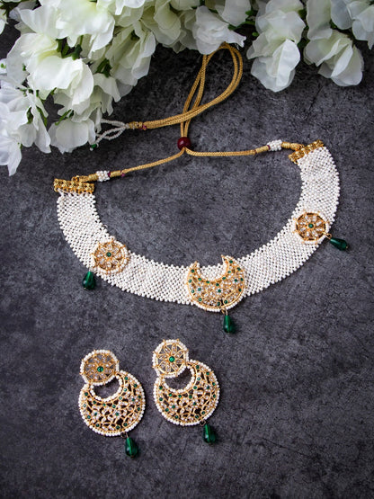 Women's Gold-Plated Green & White Pearl Beaded Handcrafted Jewellery Set