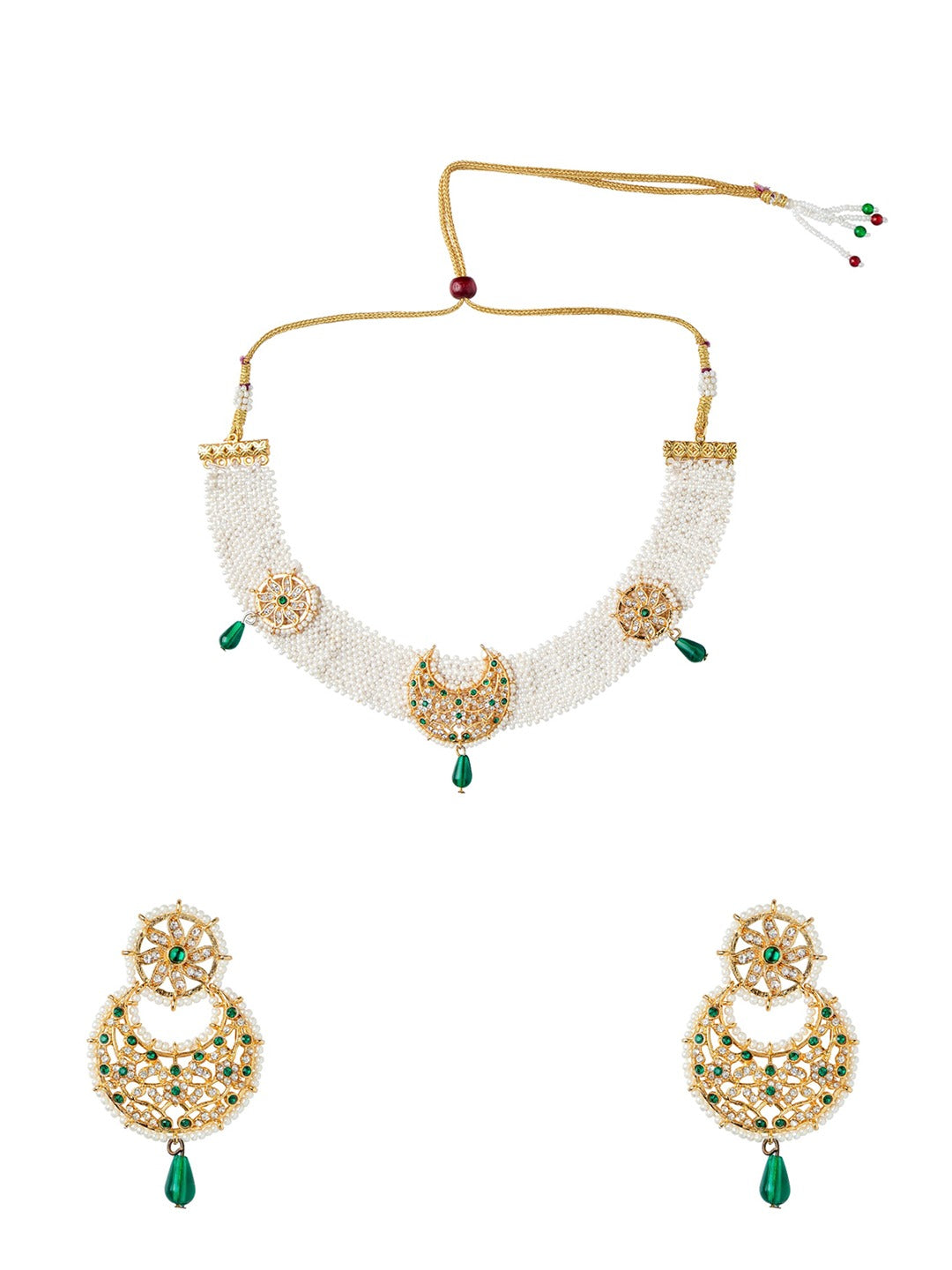 Women's Gold-Plated Green & White Pearl Beaded Handcrafted Jewellery Set