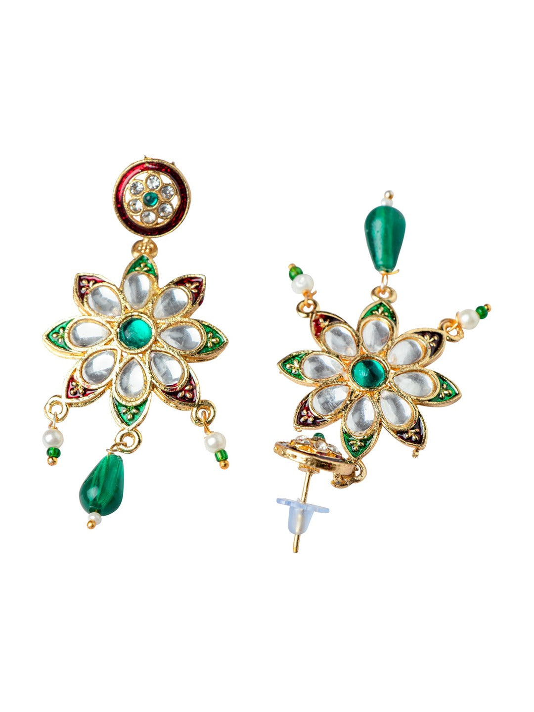 Women's Gold-Plated White & Green Stone Studded & Beaded Jewellery Set