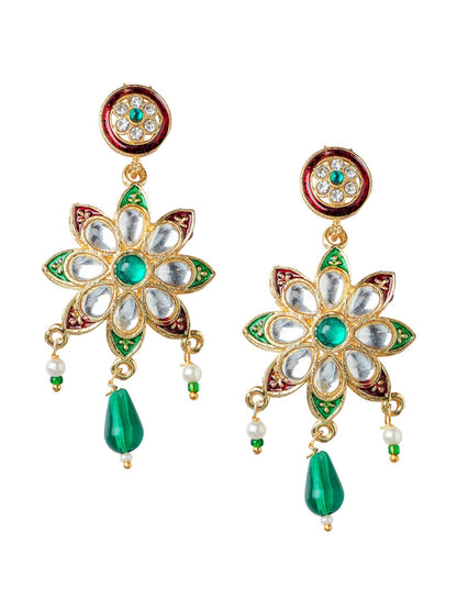 Women's Gold-Plated White & Green Stone Studded & Beaded Jewellery Set