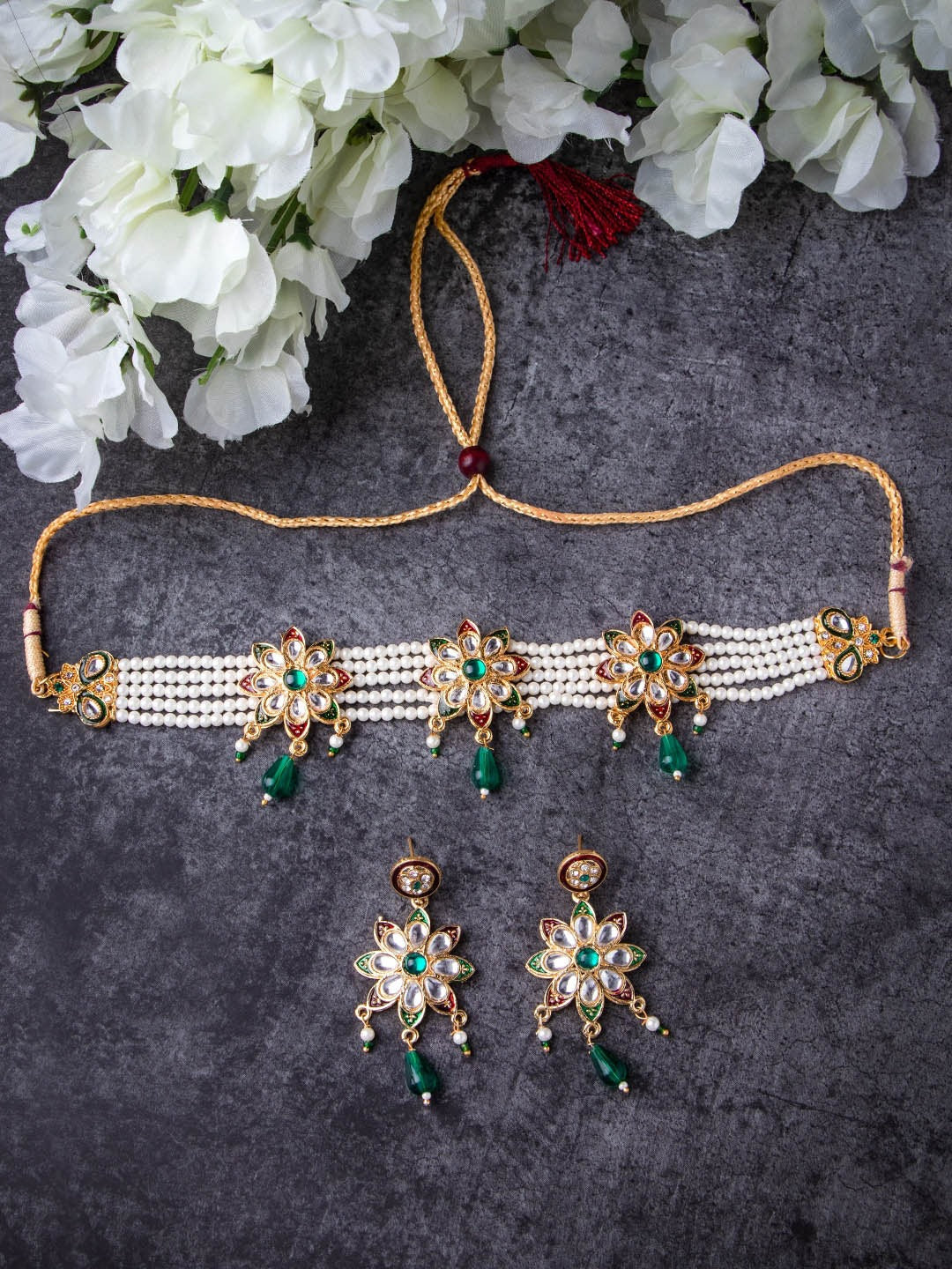 Women's Gold-Plated White & Green Stone Studded & Beaded Jewellery Set