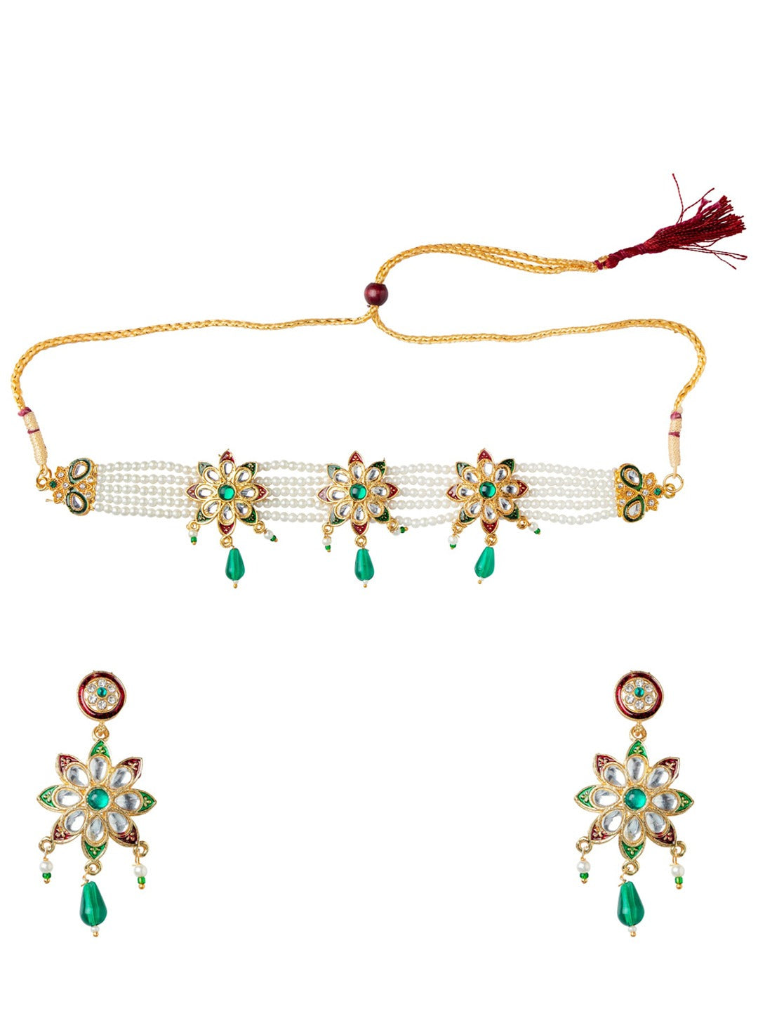 Women's Gold-Plated White & Green Stone Studded & Beaded Jewellery Set