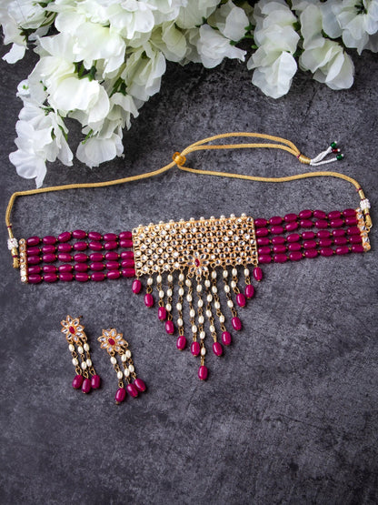 Women's Gold Plated Pink & White Kundan Studded Handcrafted Jewellery Set