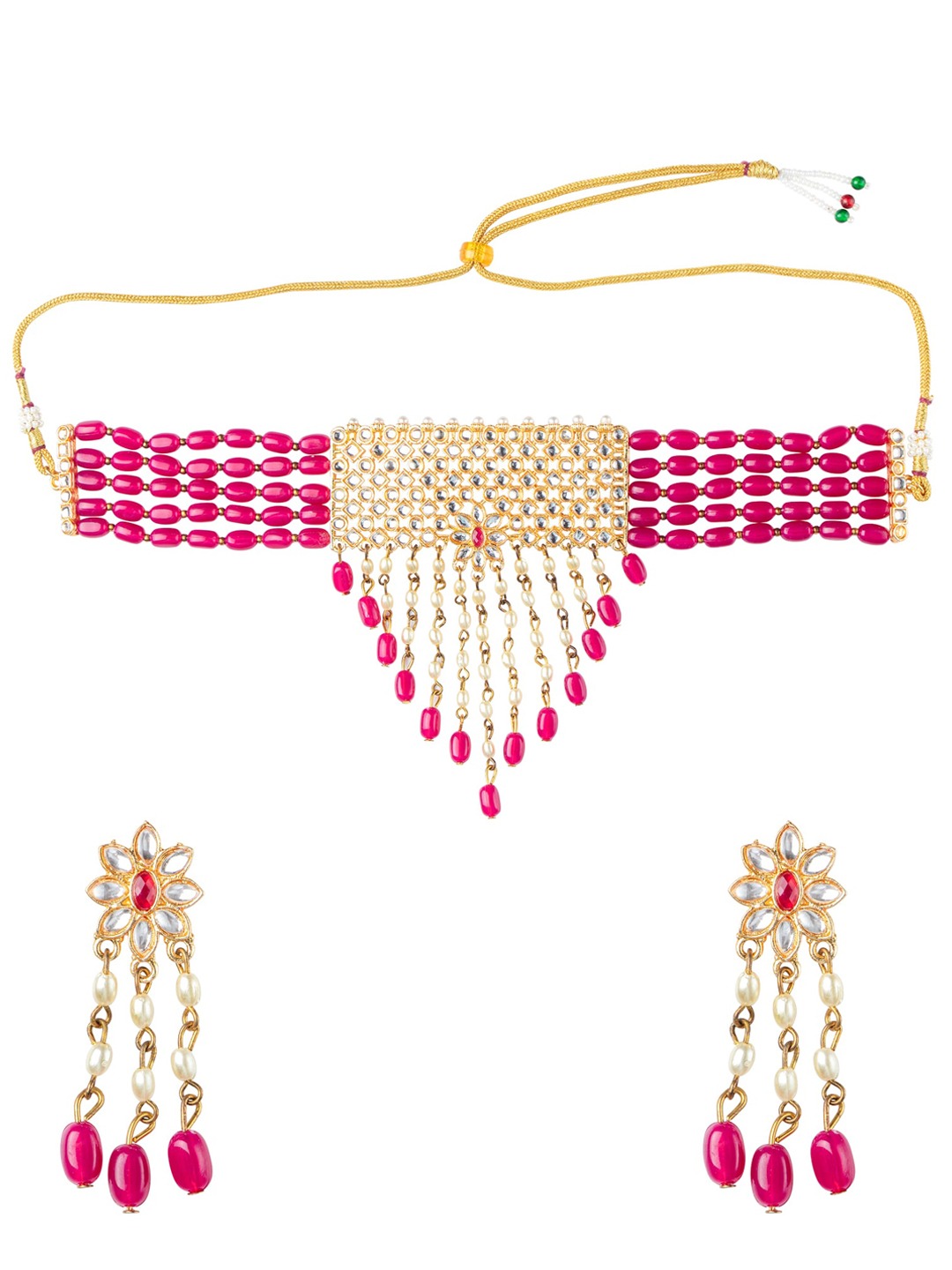 Women's Gold Plated Pink & White Kundan Studded Handcrafted Jewellery Set