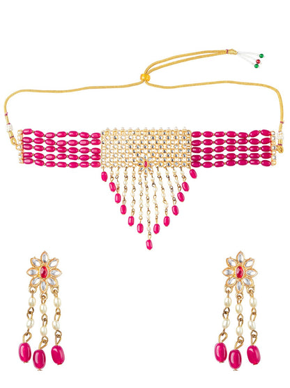 Women's Gold Plated Pink & White Kundan Studded Handcrafted Jewellery Set