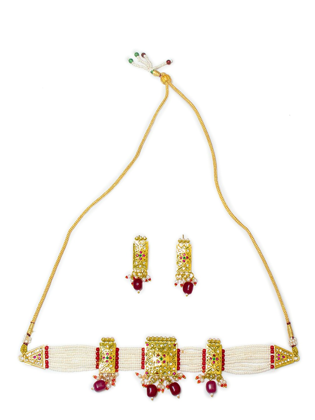 Women's Gold-Plated Pink & White Stone-Studded & Beaded Jewellery Set