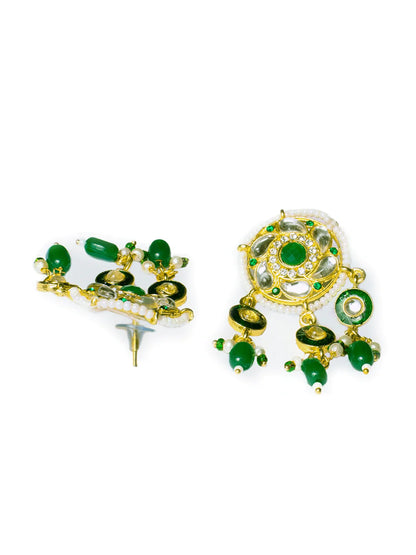 Women's Gold-Plated Green & White Kundan Stone-Studded Jewellery Set