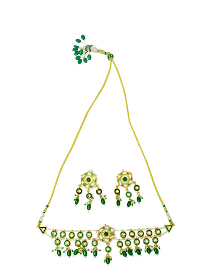 Women's Gold-Plated Green & White Kundan Stone-Studded Jewellery Set