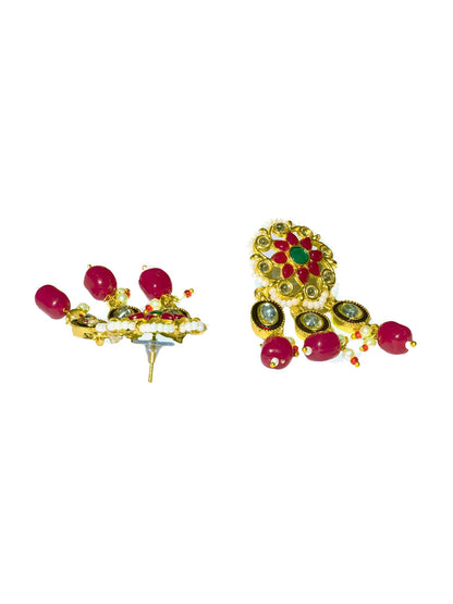 Women's Gold-Plated Red & White Kundan Stone-Studded Jewellery Set