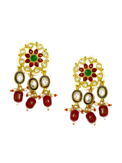 Women's Gold-Plated Red & White Kundan Stone-Studded Jewellery Set