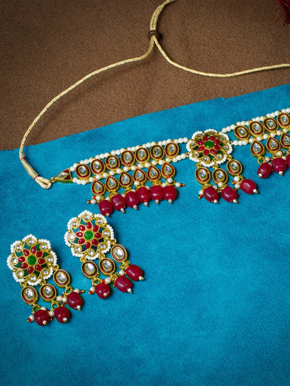 Women's Gold-Plated Red & White Kundan Stone-Studded Jewellery Set